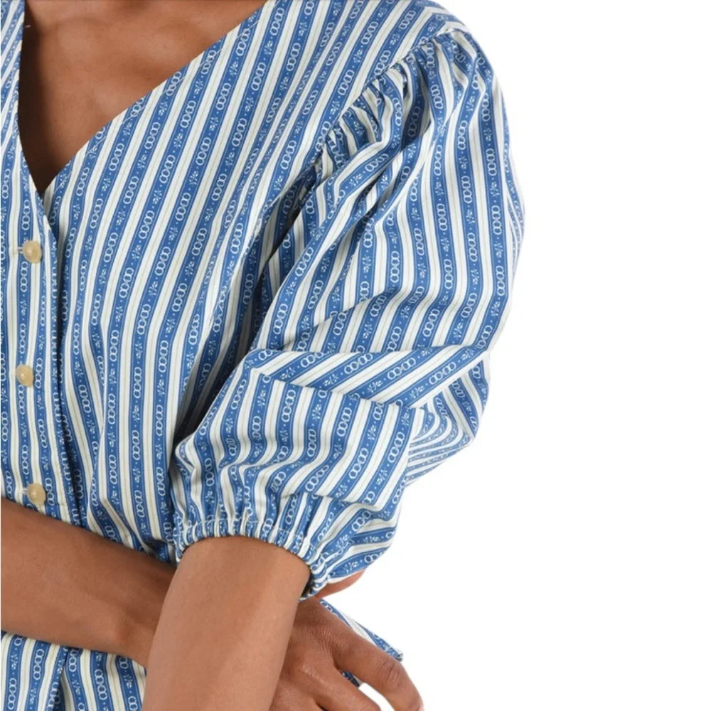 Tory Burch Cropped Gemini Link Striped Blue White Short Puff-Sleeve top 6